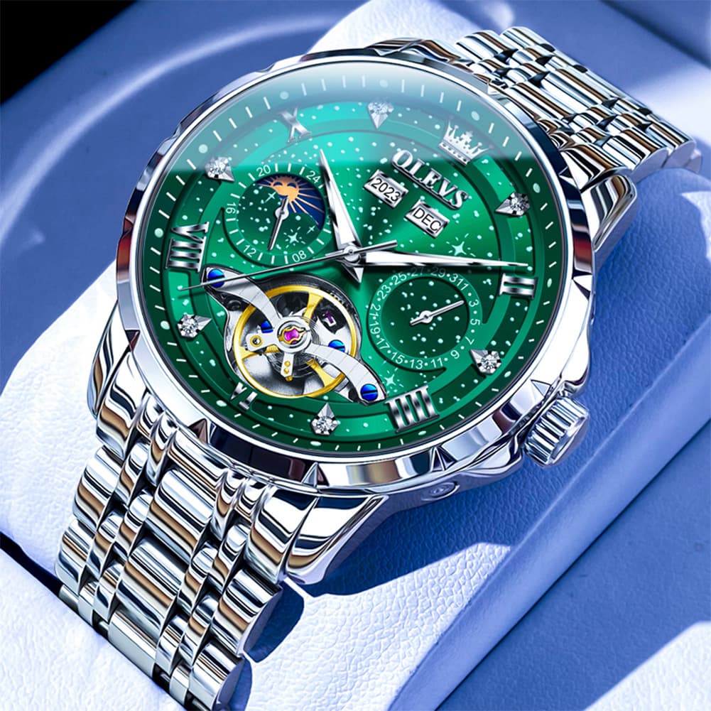 OLEVS 6690 Automatic Skeleton Starry Sky Steel Leather Watch for Men