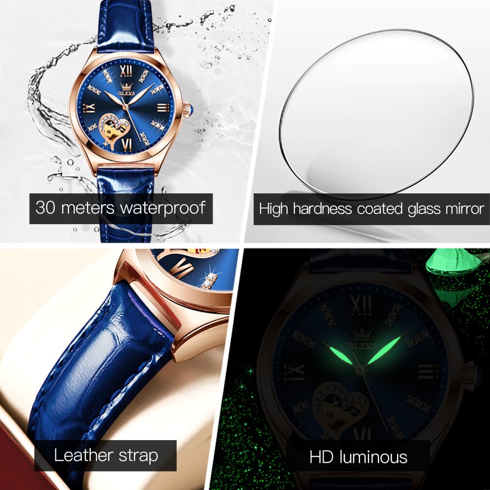 OLEVS 6636 Leather Skeleton Mechanical Watch for Women