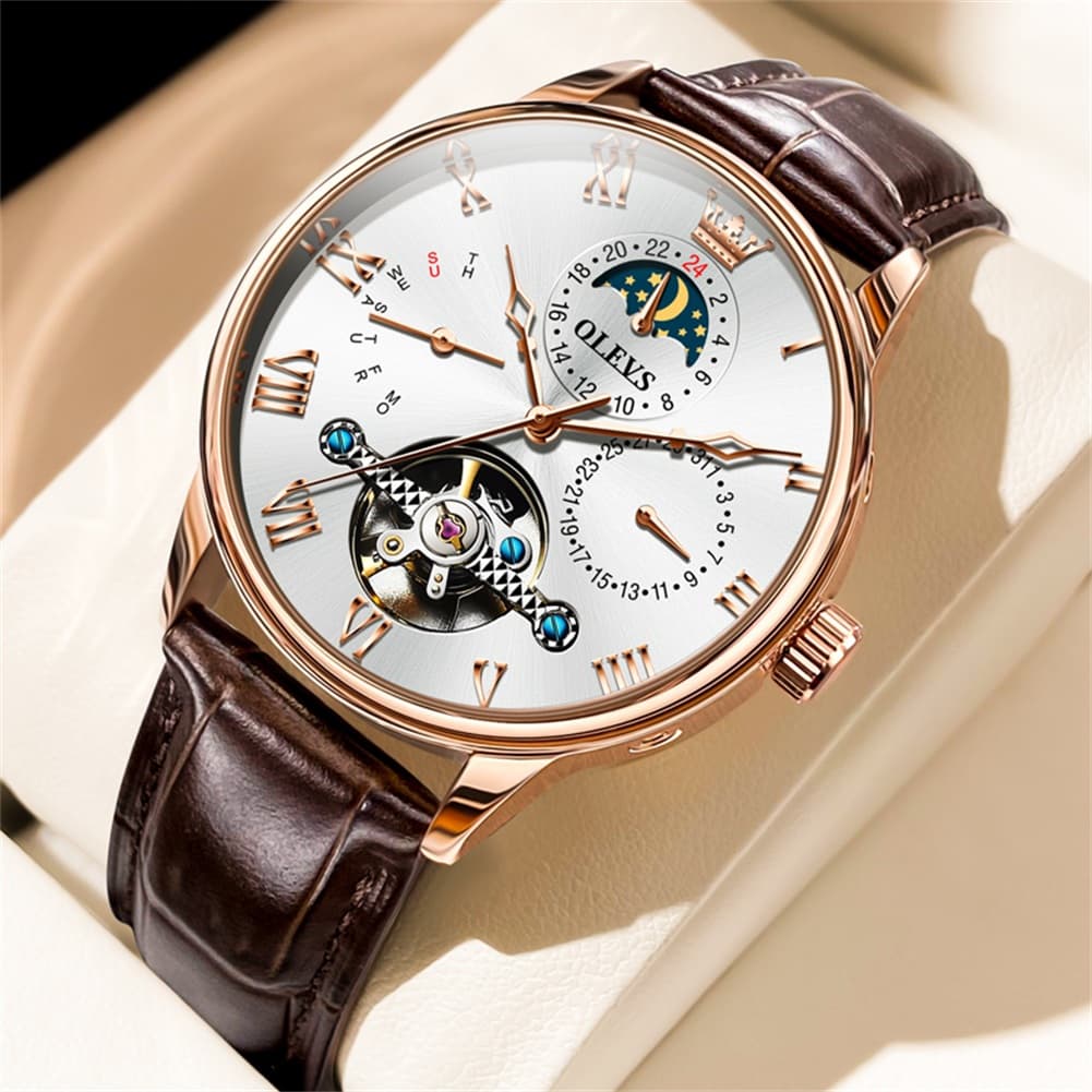 OLEVS 7009 Sun and Moon Skeleton Mechanical Watch for Men