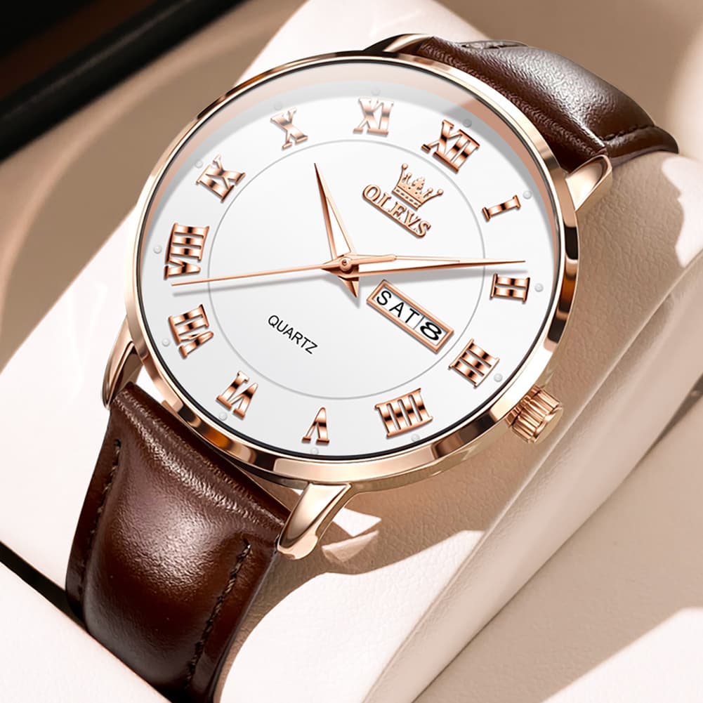 OLEVS 2920 Ultra Light Leather Day Date Quartz Watch for Men