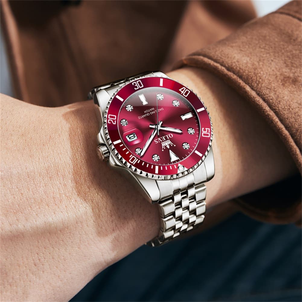 OLEVS 9809 Rotating Bezel Diamond Dial Stainless Steel Quartz Watch for Men