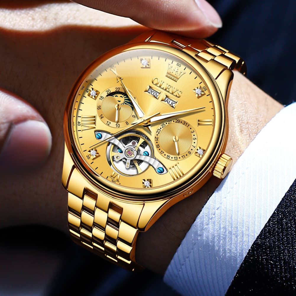 OLEVS 7023 Skeleton Moon Phase Automatic Watch for Men