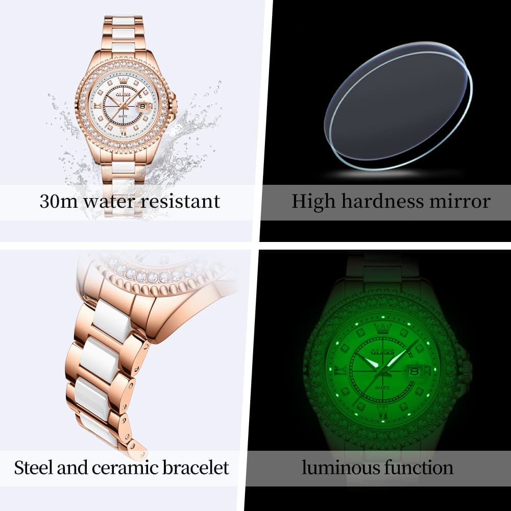 OLEVS Crystal Ceramic Luminous Quartz Watch for Women 3685