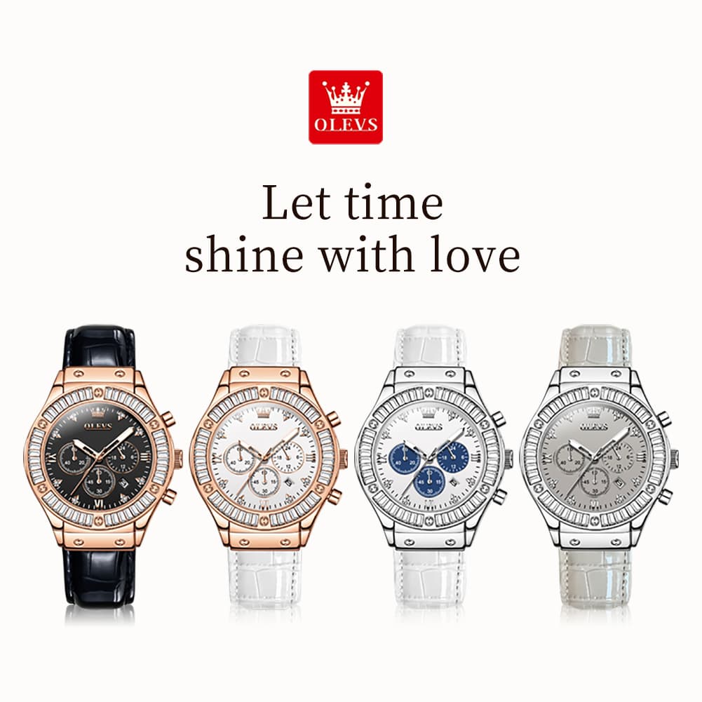 OLEVS 9978 Diamond Bezel Chronograph Leather Watch for Women