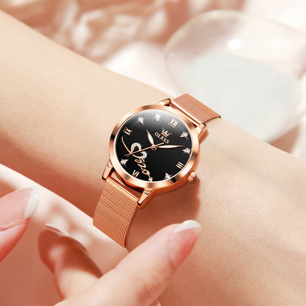 OLEVS Romantic Heart Crystal Dress Watch for Women Rose Gold Milanese Mesh 5530