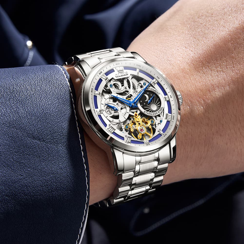 OLEVS 6670 Stainless Steel Skeleton Mechanical Watch for Men