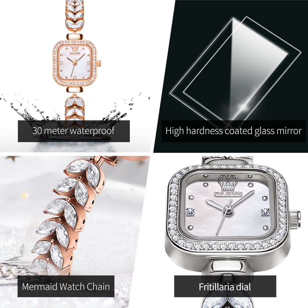 OLEVS 9987 Mermaid Crystal Bracelet Square Watch for Women
