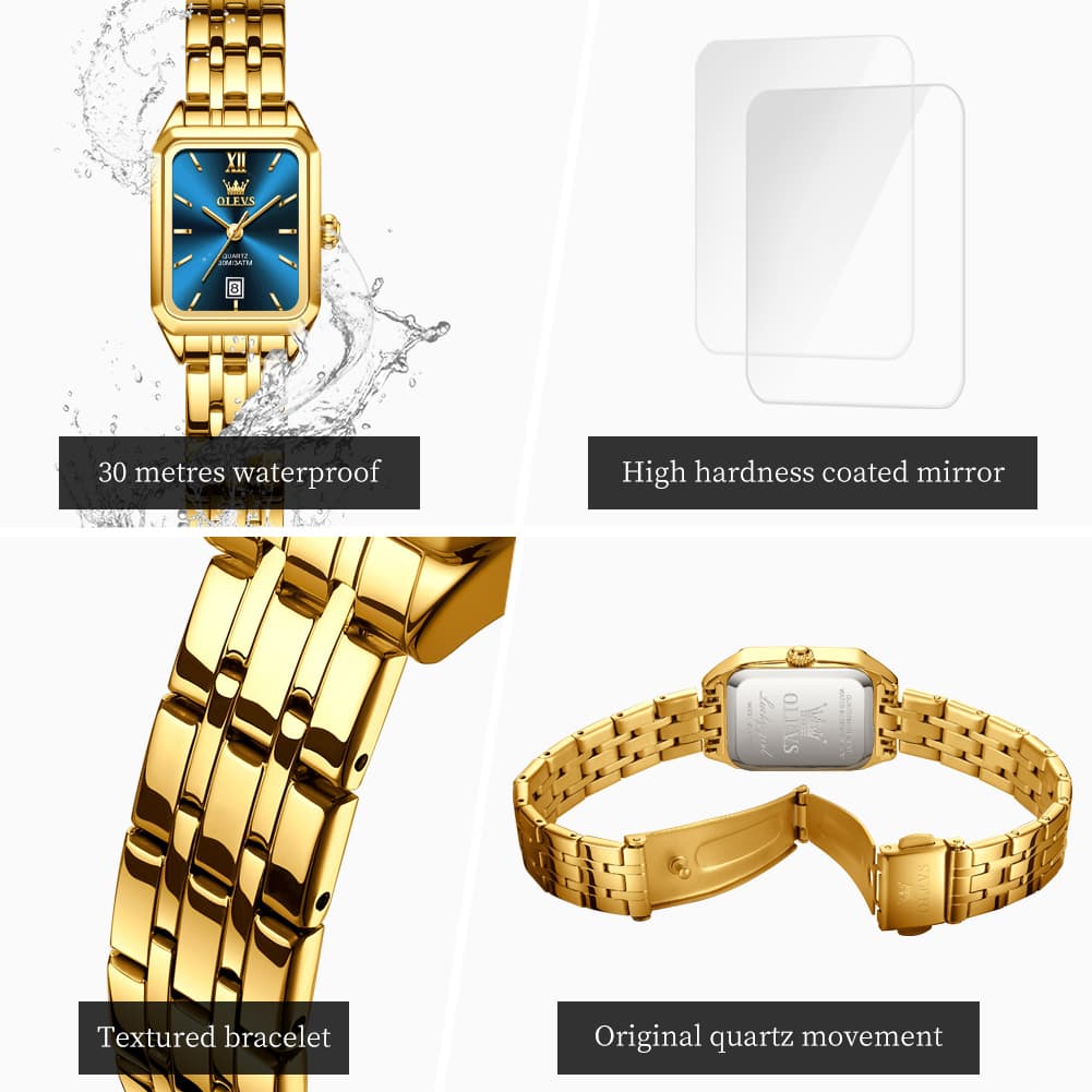 OLEVS Women Square Dress Watch Retro Gold Stainless Steel Date Quartz 5616