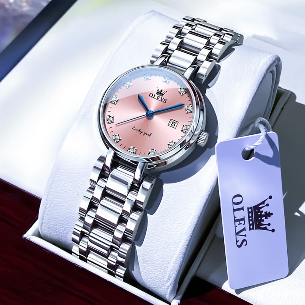 OLEVS Women Lucky Diamond Dress Watch Stainless Steel Quartz Date 5575