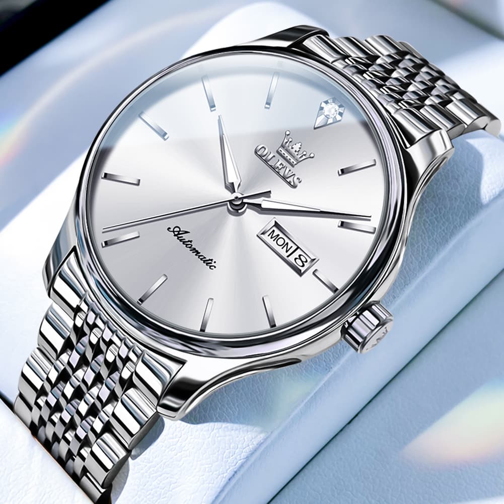 OLEVS Minimalist Diamond Dial Day Date Automatic Watch 9960 for Men
