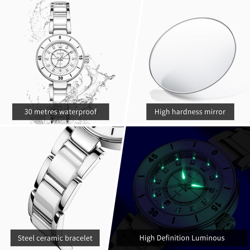 OLEVS 7083 White Ceramic Watch Sport Luxe Diamond Accent Stainless Steel Bracelet Quartz Timepiece for Women