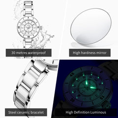 OLEVS 7083 White Ceramic Watch Sport Luxe Diamond Accent Stainless Steel Bracelet Quartz Timepiece for Women