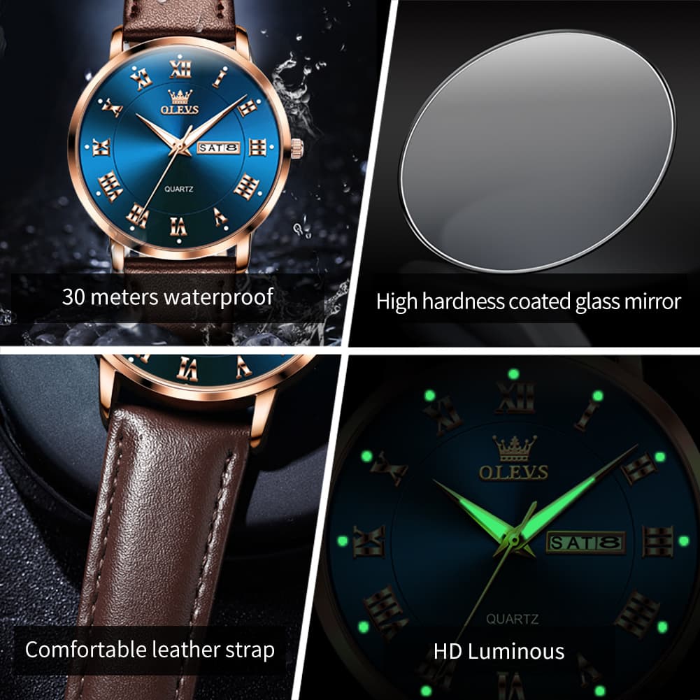 OLEVS 2920 Ultra Light Leather Day Date Quartz Watch for Men