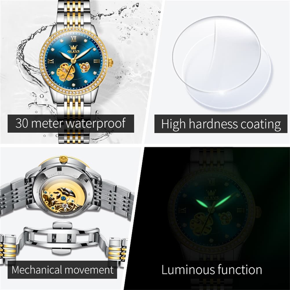 OLEVS 6706 Diamond Flower Skeleton Automatic Mechanical Watch For Women