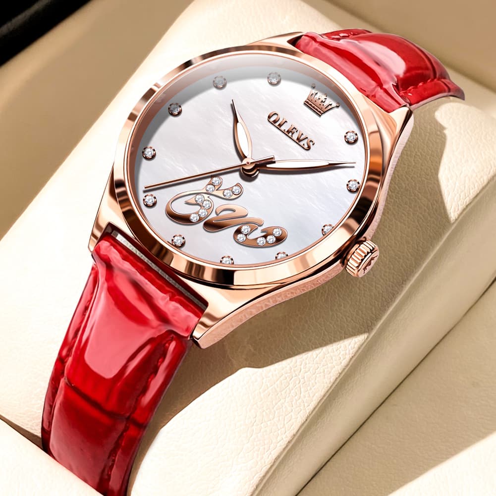 OLEVS 5581 Love Motif Diamond Watch Rose Gold Leather Strap Romantic Gift Timepiece for Women