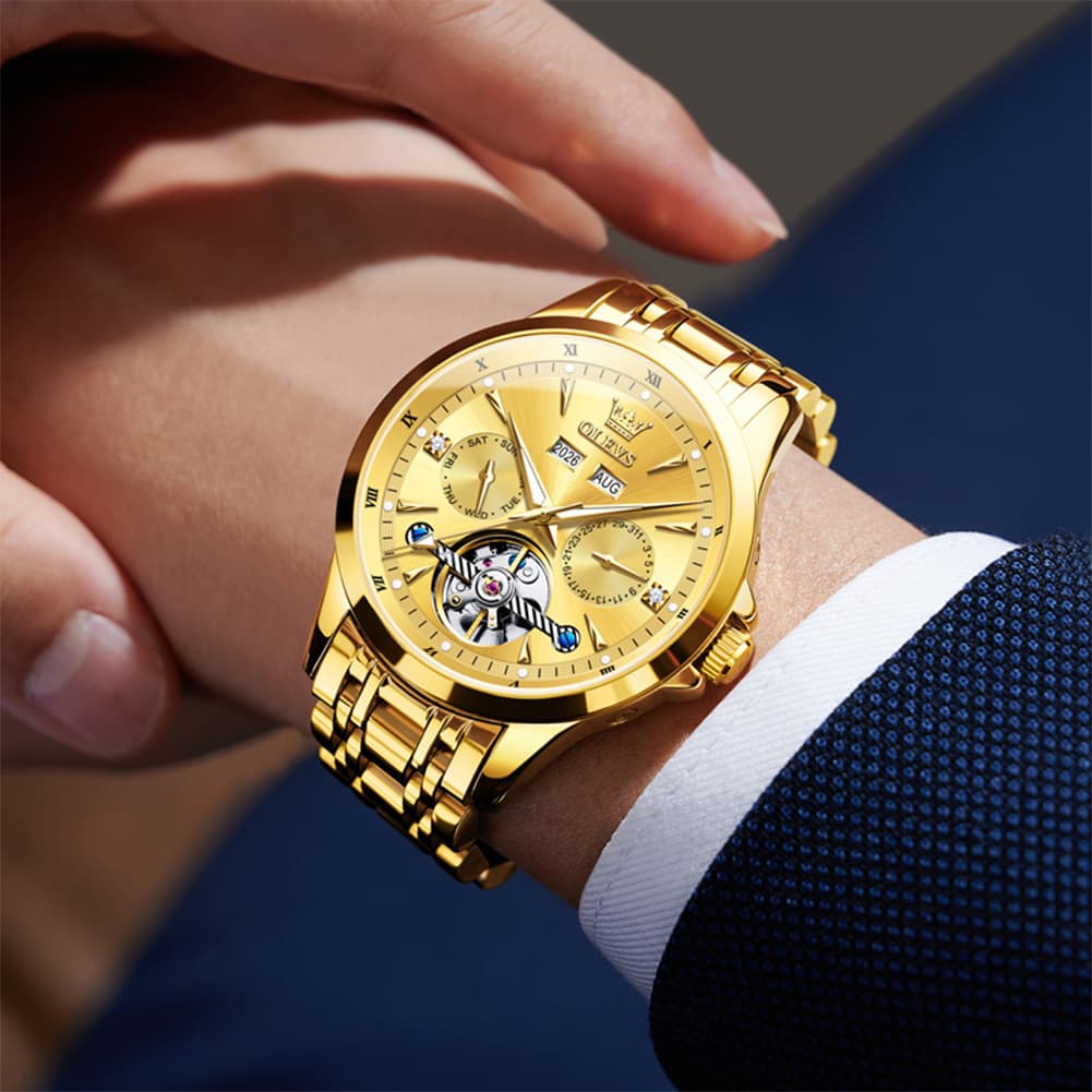 OLEVS 7091 Double Open Heart Multi-Function Automatic Watch For Men
