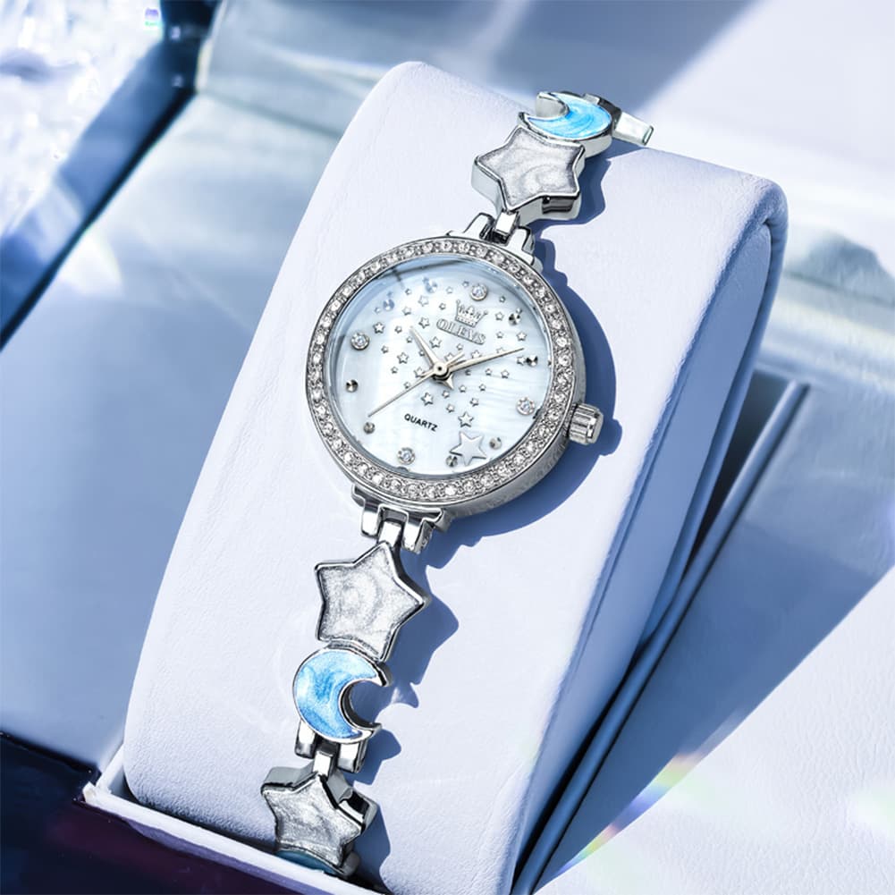 OLEVS 5665 Star Moon Bracelet Watch Mother of Pearl Starry Dial Quartz Jewelry Timepiece for Women