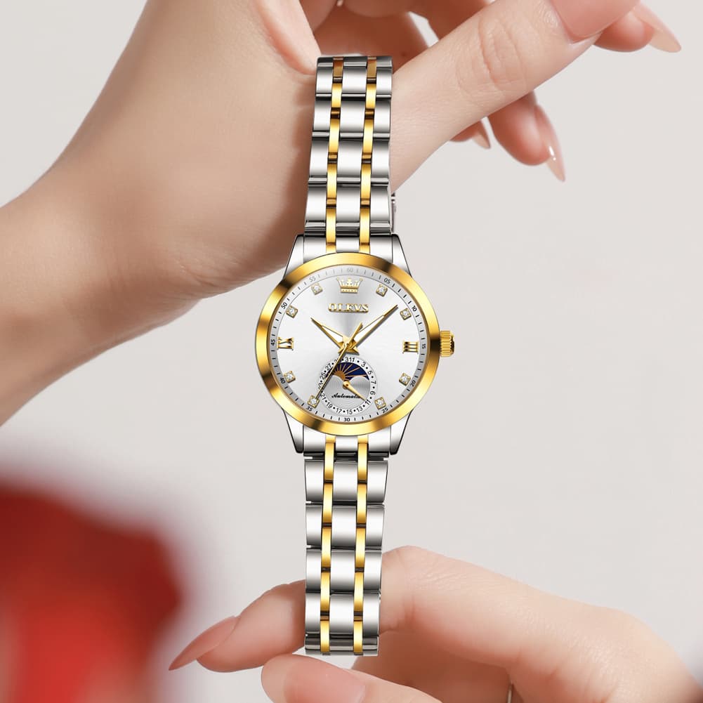 OLEVS 7041 Solid Steel Moon Phase Automatic Watch For Women