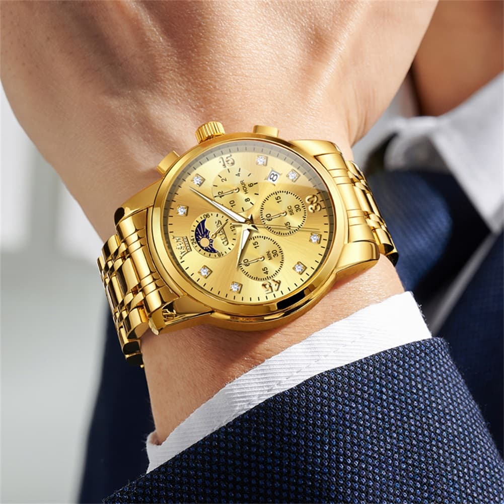 OLEVS 3652 Chronograph Moon Phase Diamond Dial Stainless Steel Watch For Men