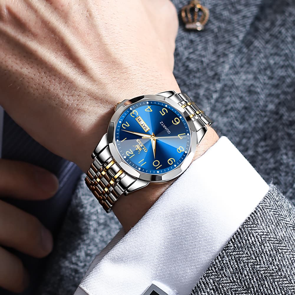 OLEVS 9970 3D Rhombic Faceted Glass Day Date Watch for Men