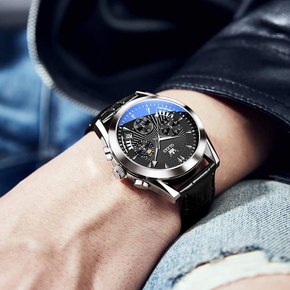 OLEVS 2876 Luxury Moon Phase Chronograph Leather Watch for Men