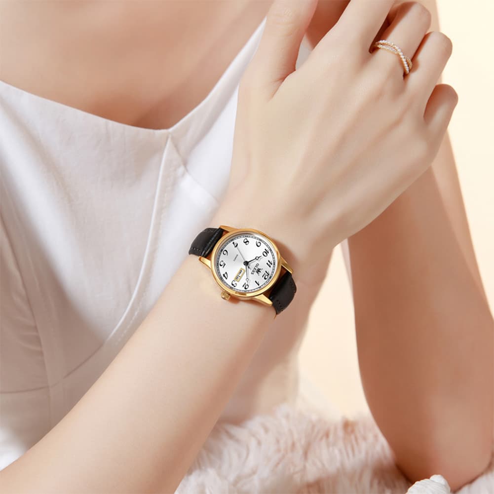 OLEVS 5662 Petite Vintage Quartz Watch Day Date Leather Strap Elegant Dress Timepiece for Women