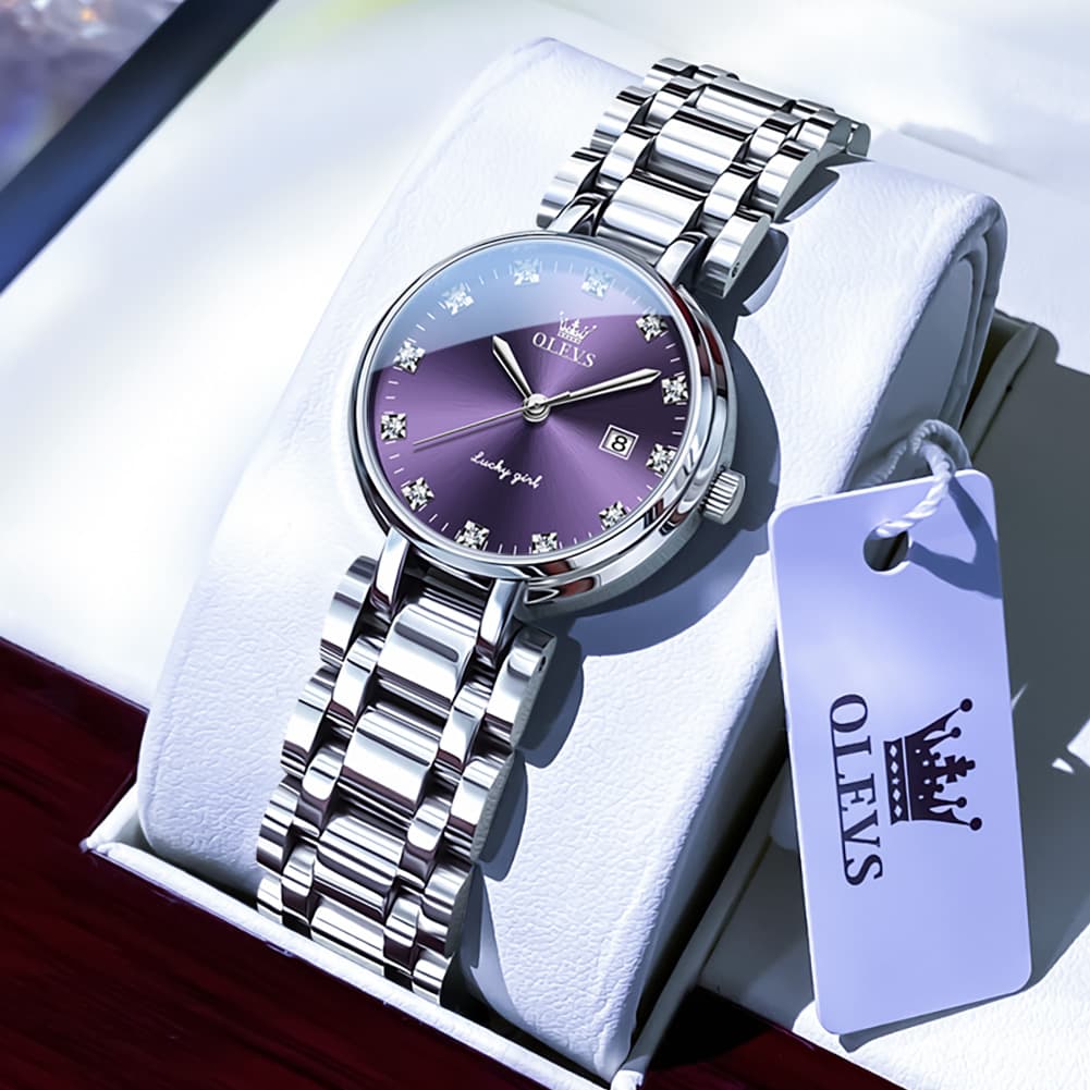 OLEVS Women Lucky Diamond Dress Watch Stainless Steel Quartz Date 5575
