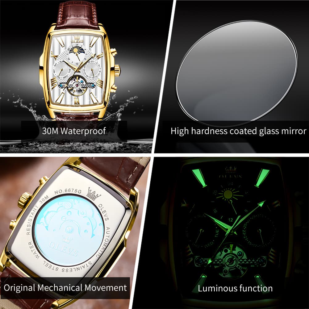 OLEVS 6675 Square Mechanical Moon Phase Watch for Men