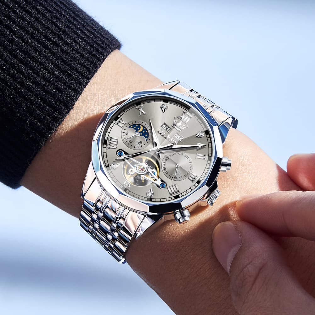 OLEVS 6620 Skeleton Moon Phase Mechanical Watch for Men