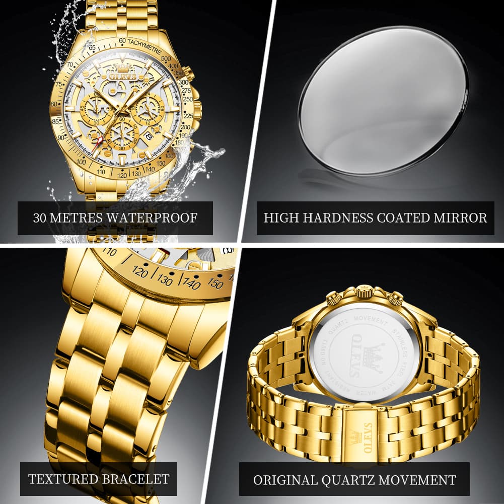 OLEVS 9913 Skeleton Dial Chronograph Gold Quartz Watch for Men