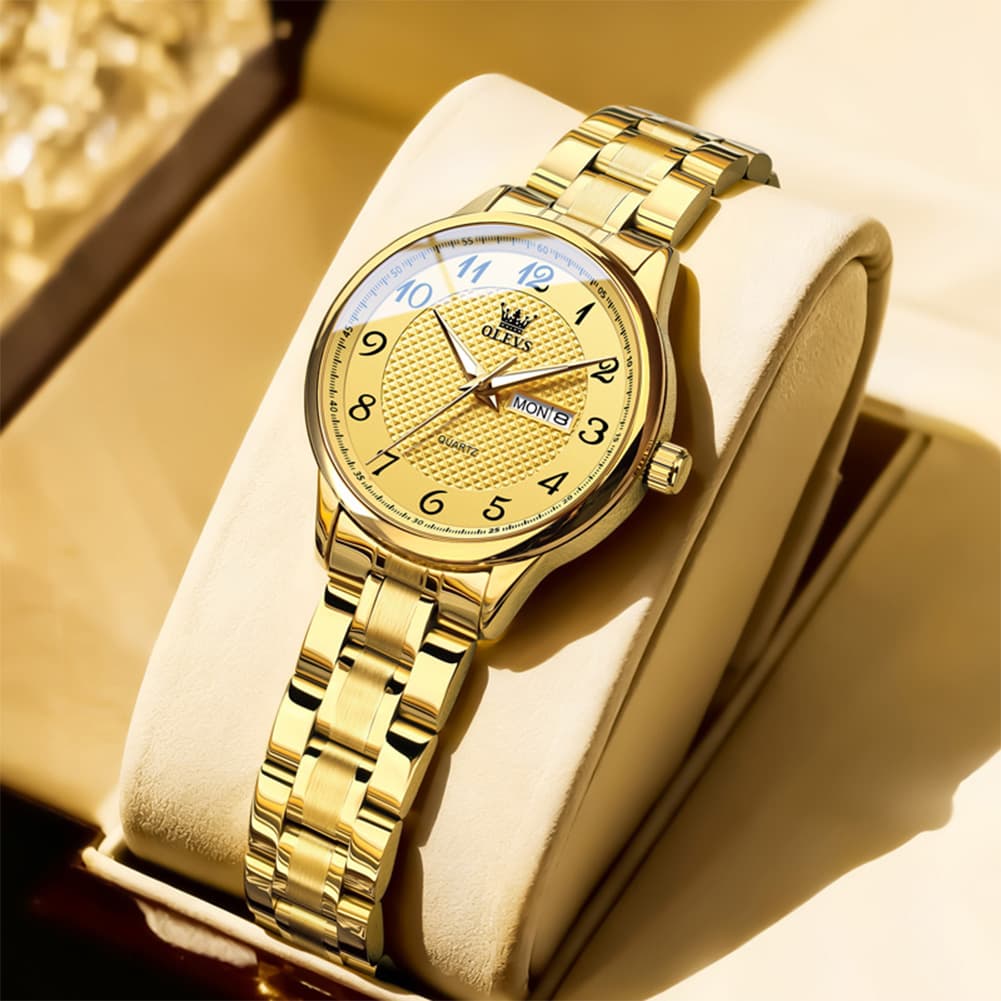 OLEVS 5667 Sapphire Crystal Couple Watch Day Date Stainless Steel Bracelet Luxury Timepiece for Men and Women