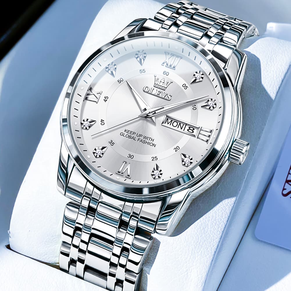 OLEVS Diamond Dial Day Date Quartz Watch 5513 Steel Band for Men