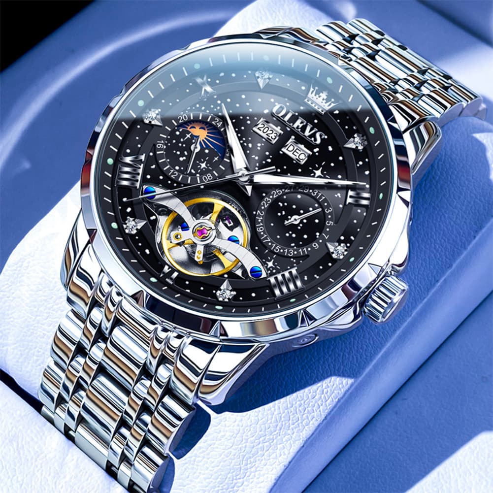 OLEVS 6690 Automatic Skeleton Starry Sky Steel Leather Watch for Men