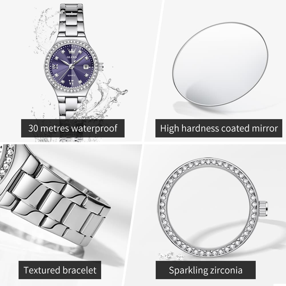 OLEVS Women Diamond Bezel Watch Petite Pastel Sunray Silver Stainless Steel Date Quartz 5628