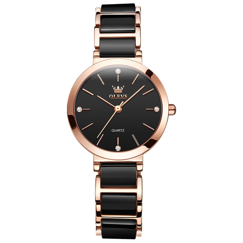 OLEVS 5877 Ceramic Bracelet Watch Rose Gold Minimalist Diamond Accent Japan Quartz Luxury Timepiece for Women