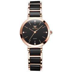 OLEVS 5877 Ceramic Bracelet Watch Rose Gold Minimalist Diamond Accent Japan Quartz Luxury Timepiece for Women