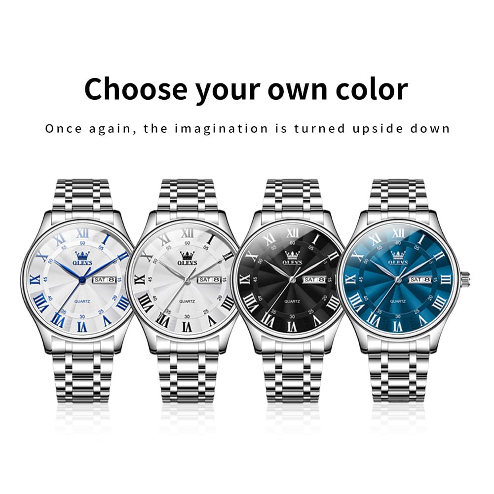 OLEVS 3663 Rosebud Roman Dial Day Date Quartz Watch For Men