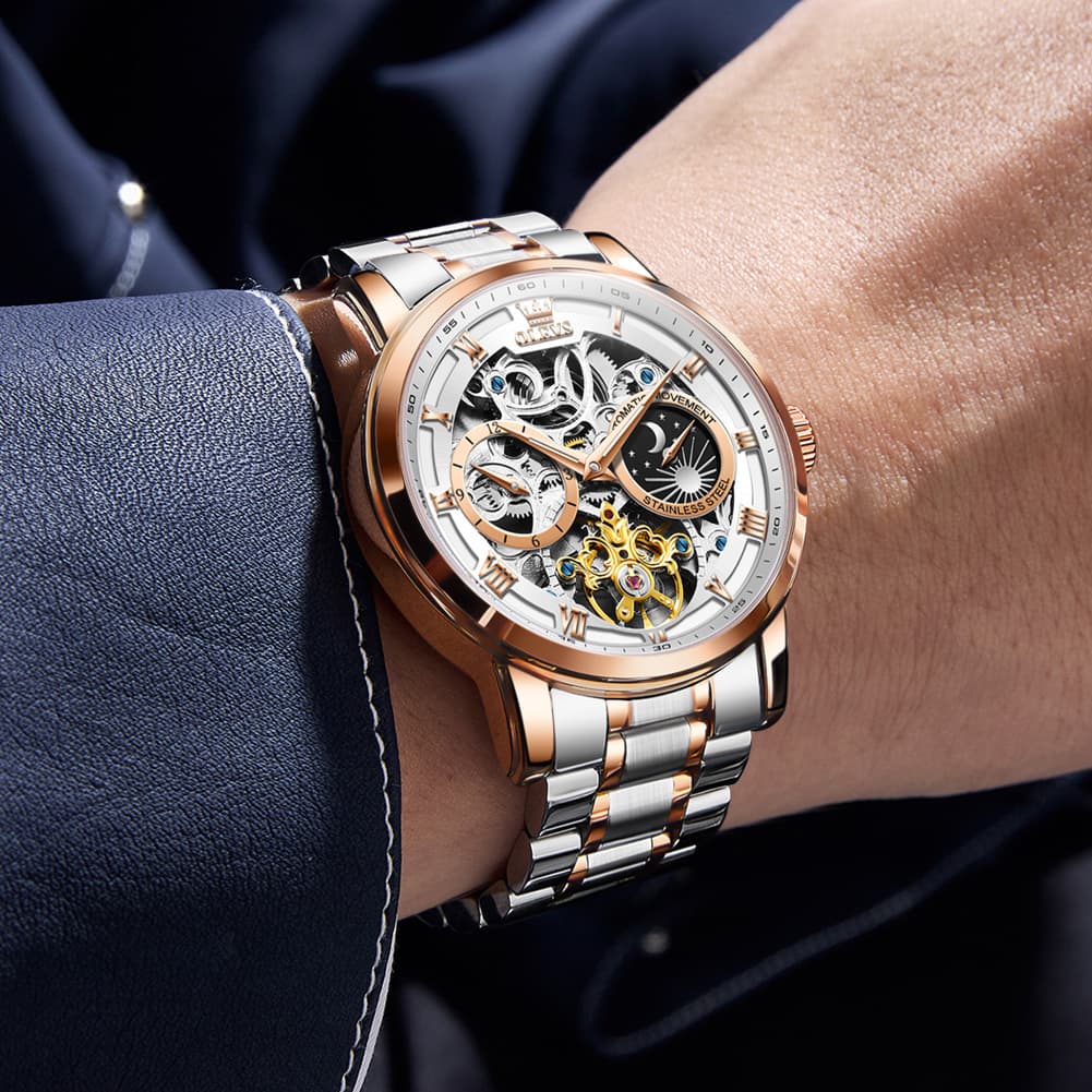 OLEVS 6670 Stainless Steel Skeleton Mechanical Watch for Men