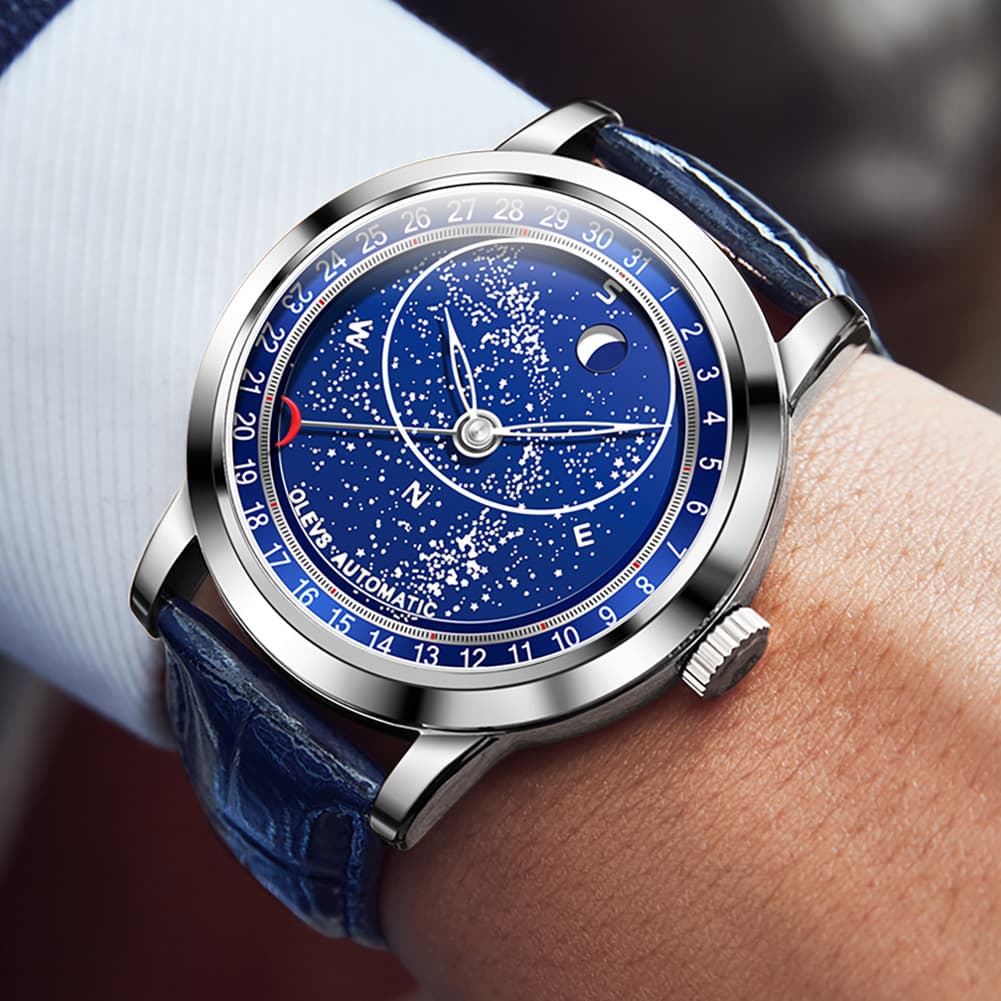 OLEVS Starry Sky Moon Phase Automatic Mechanical Watch 9923 Leather Strap for Men