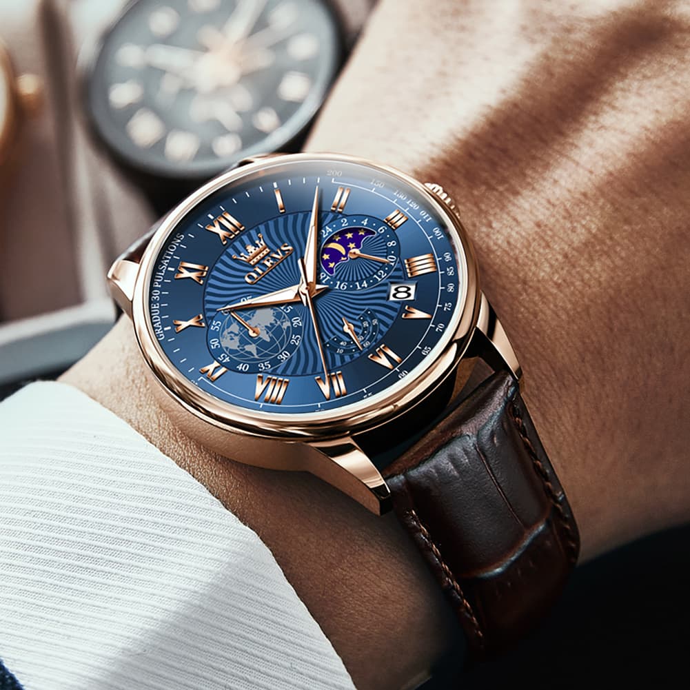OLEVS 2893 Leather Pulsometer Moon Phase Watch for Men