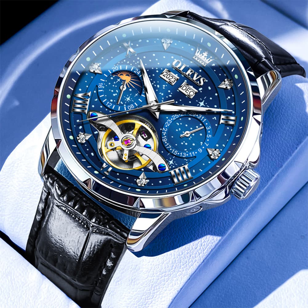 OLEVS 6690 Automatic Skeleton Starry Sky Steel Leather Watch for Men