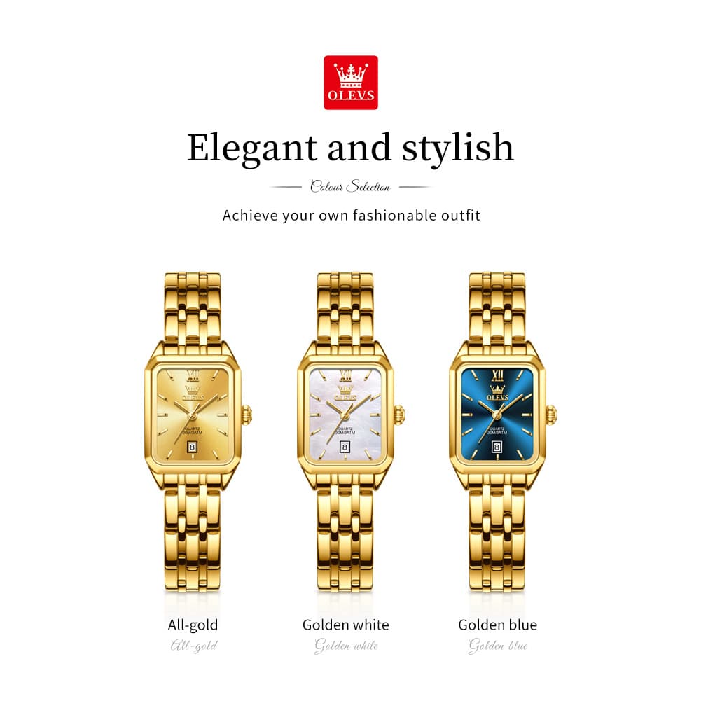 OLEVS Women Square Dress Watch Retro Gold Stainless Steel Date Quartz 5616