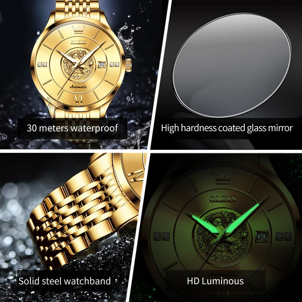 OLEVS 6693 3D Dragon Mechanical Steel Watch for Men
