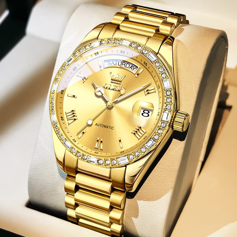 OLEVS 6747 Diamond Bezel Day Date Mechanical Watch for Men