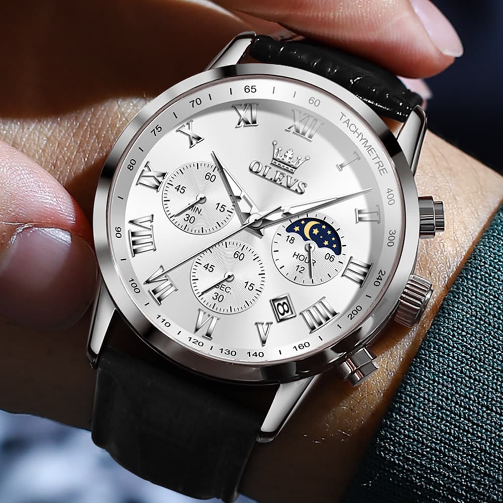 OLEVS Chronograph Moon Phase Dress Watch Leather Strap for Men 5529