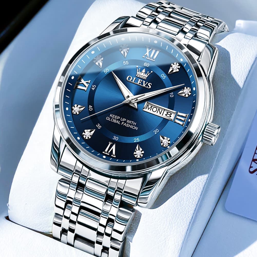 OLEVS Diamond Dial Day Date Quartz Watch 5513 Steel Band for Men