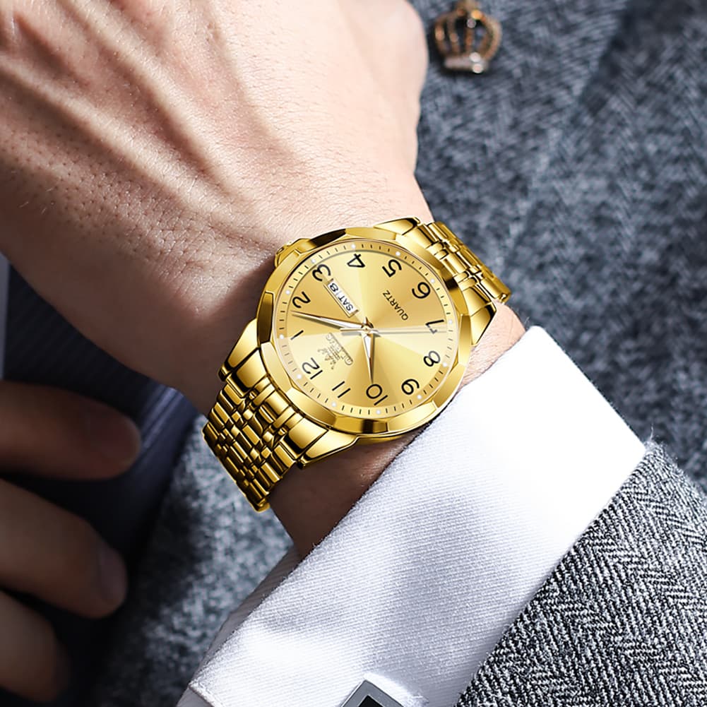 OLEVS 9970 3D Rhombic Faceted Glass Day Date Watch for Men