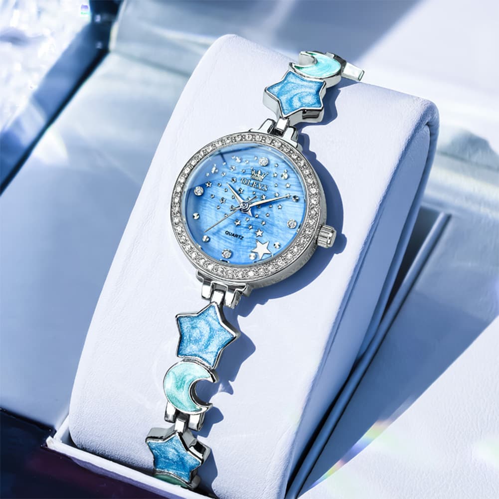 OLEVS 5665 Star Moon Bracelet Watch Mother of Pearl Starry Dial Quartz Jewelry Timepiece for Women