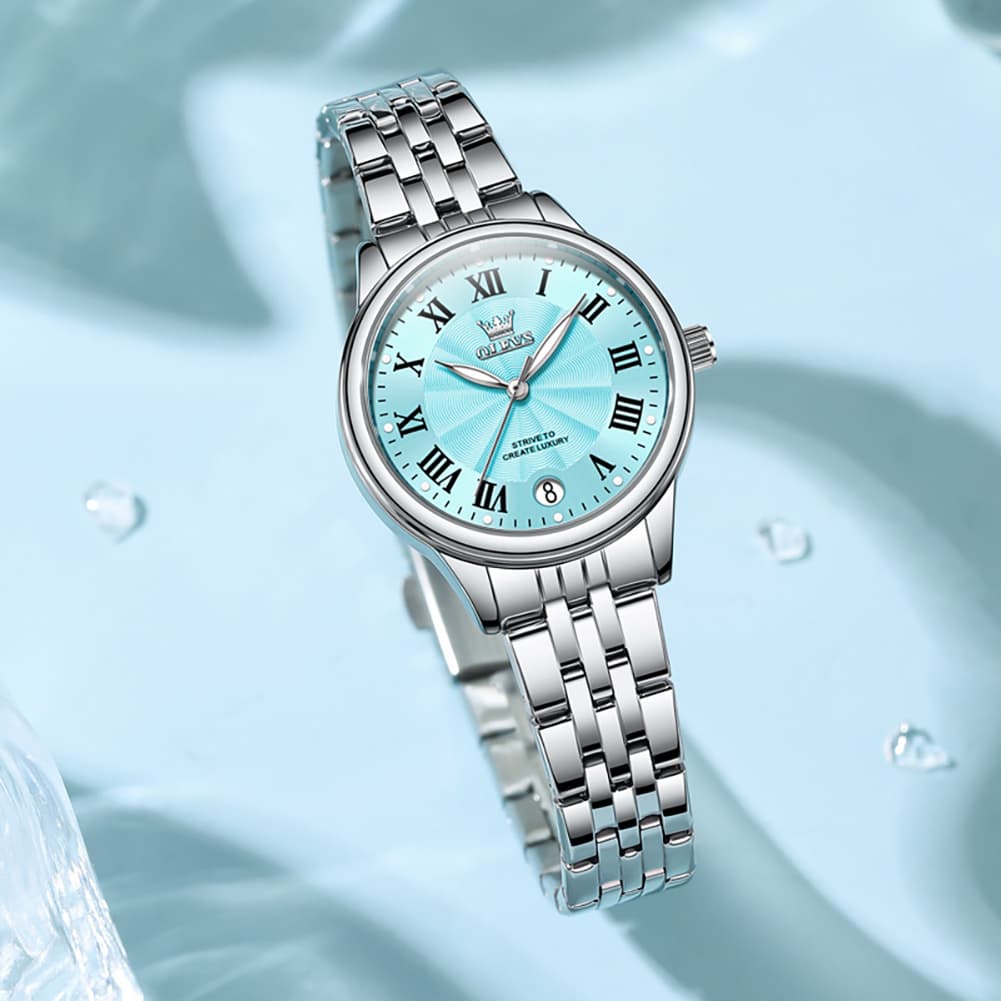 OLEVS Women Tiffany Blue Watch Roman Numeral Silver Stainless Steel Date Quartz 5600