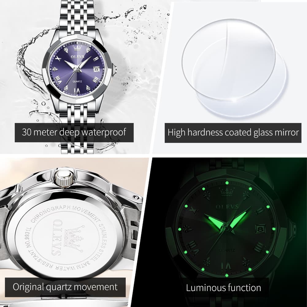 OLEVS 9931 Elegant Diamond Stainless Steel Quartz Watch for Women